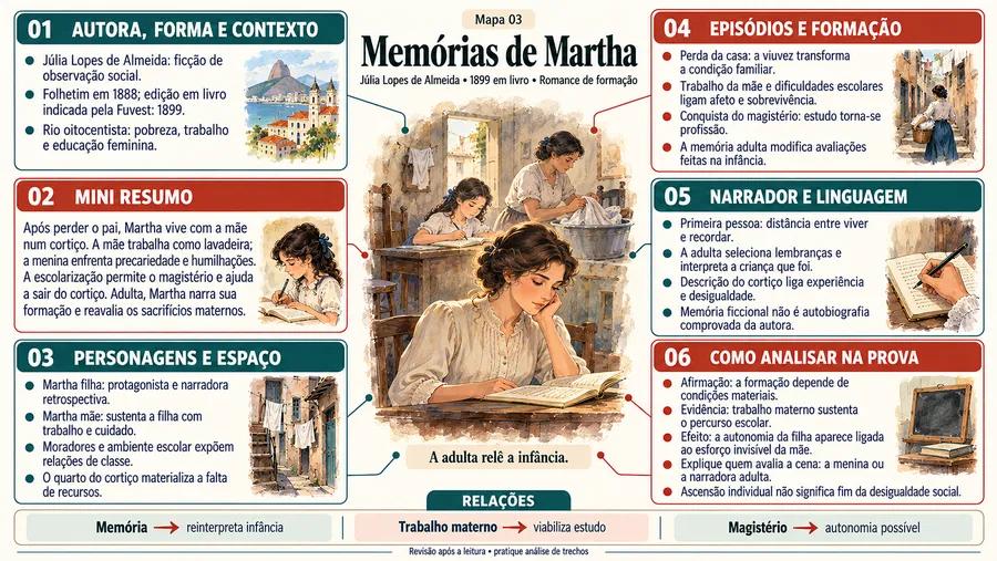 Mapa mental de Memórias de Martha, de Júlia Lopes de Almeida, com seis quadros: autora e contexto, mini resumo, personagens e espaço, episódios e formação, narrador e linguagem, como analisar na prova